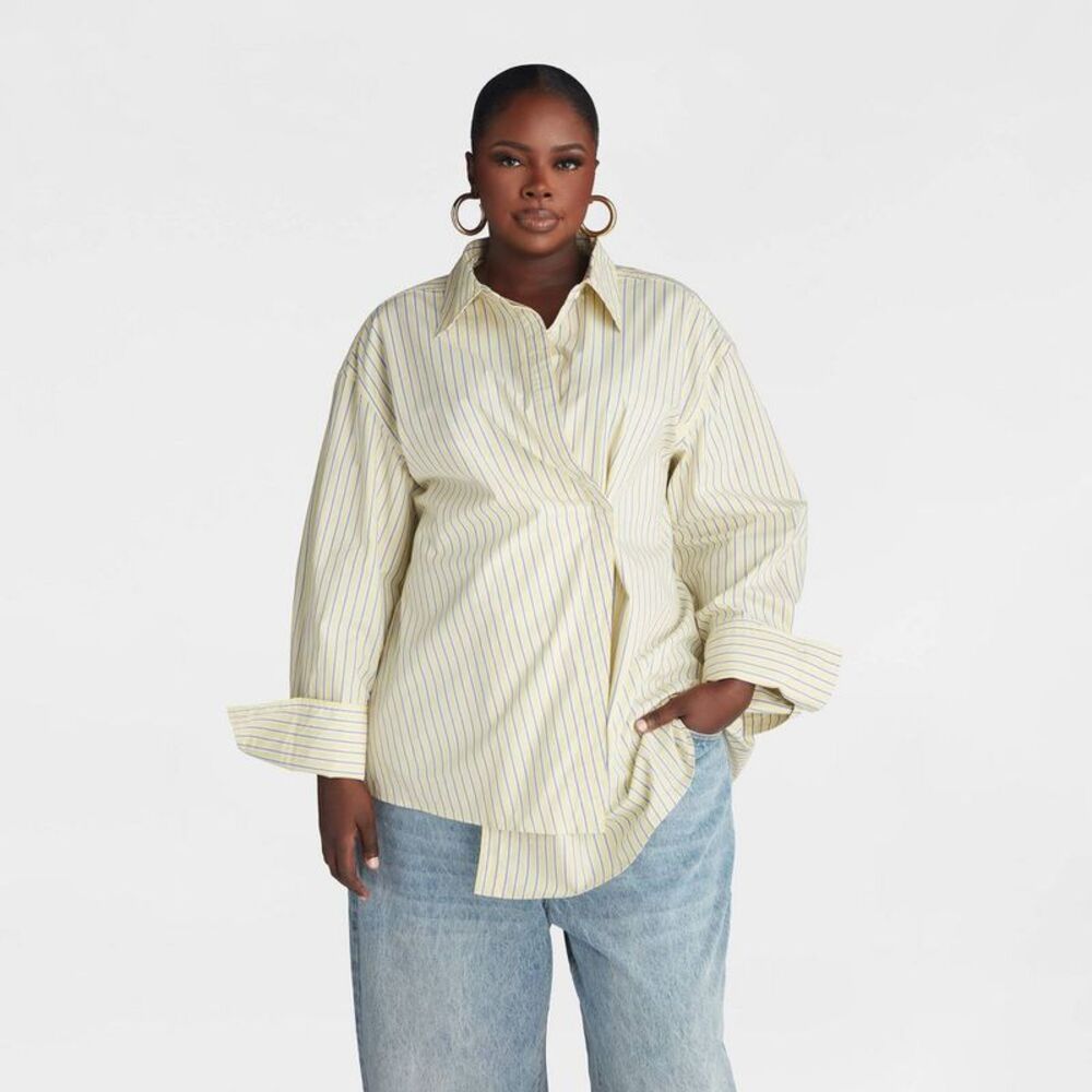 KBB by Kahlana Women's Long Sleeve Wrap Button-Down Shirt - Yellow Striped 1X